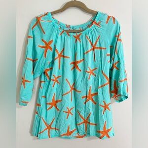 HALEY & THE HOUND Women’s Starfish‎ Print Tunic Top M Coastal Beach Preppy Vacay